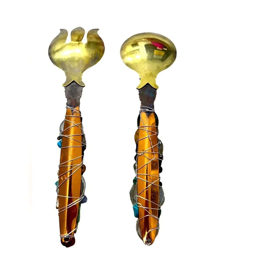 1970s Salad Servers - Coppercraft Guild Silver & Gold - Gothic Style W☑️